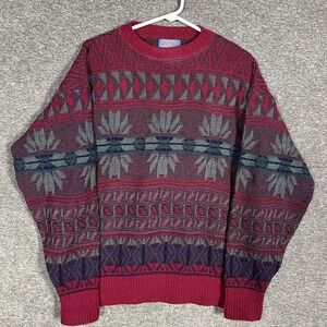 Vintage Pendleton‎ Sweater Mens Medium Red Wool Geometric Knit Made USA 90s